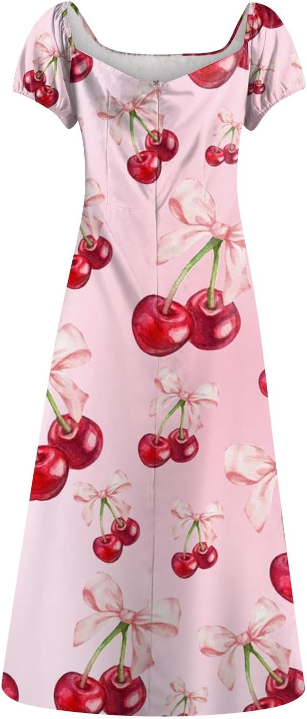 Women's Sundresses 2025 Summer Casual Loose Trendy Bubble Sleeve Square Neck Split Bow Floral Print Dress Plus Size, XS-3XL