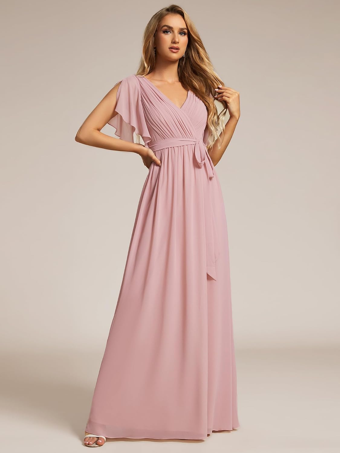 Ever-Pretty Women's Bridesmaid Dress V-Neck Ruffle Sleeves Ruched Bust Floor Length Chiffon Formal Dresses 0164A