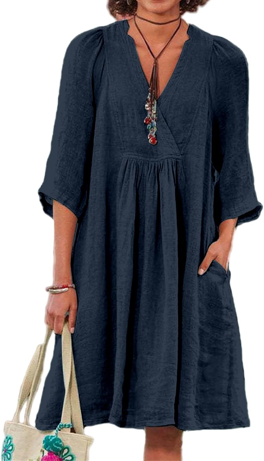 Womens Linen Dress Summer Casual A-line Dresses 3/4 Sleeve Knee Length Ruched Midi Dress V Neck Shift Dresses 2025
