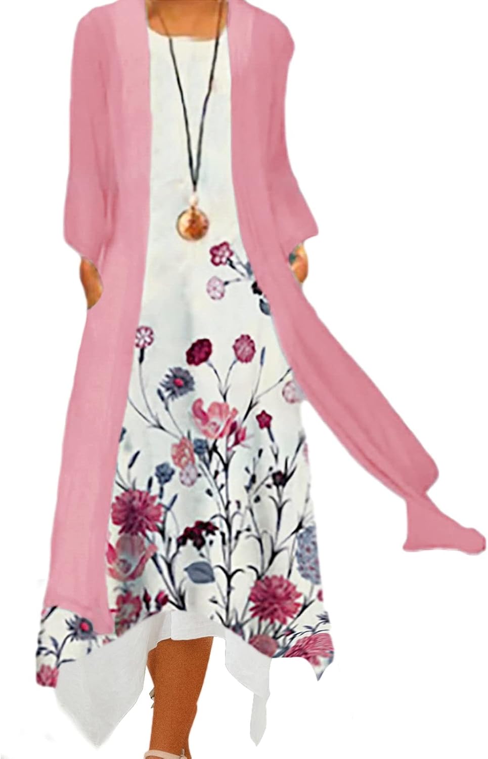 Honwenle Women's Linen Dress 2 Piece Outfit Floral Sleeveless Loose Maxi Summer Dresses with Jacket Formal Casual