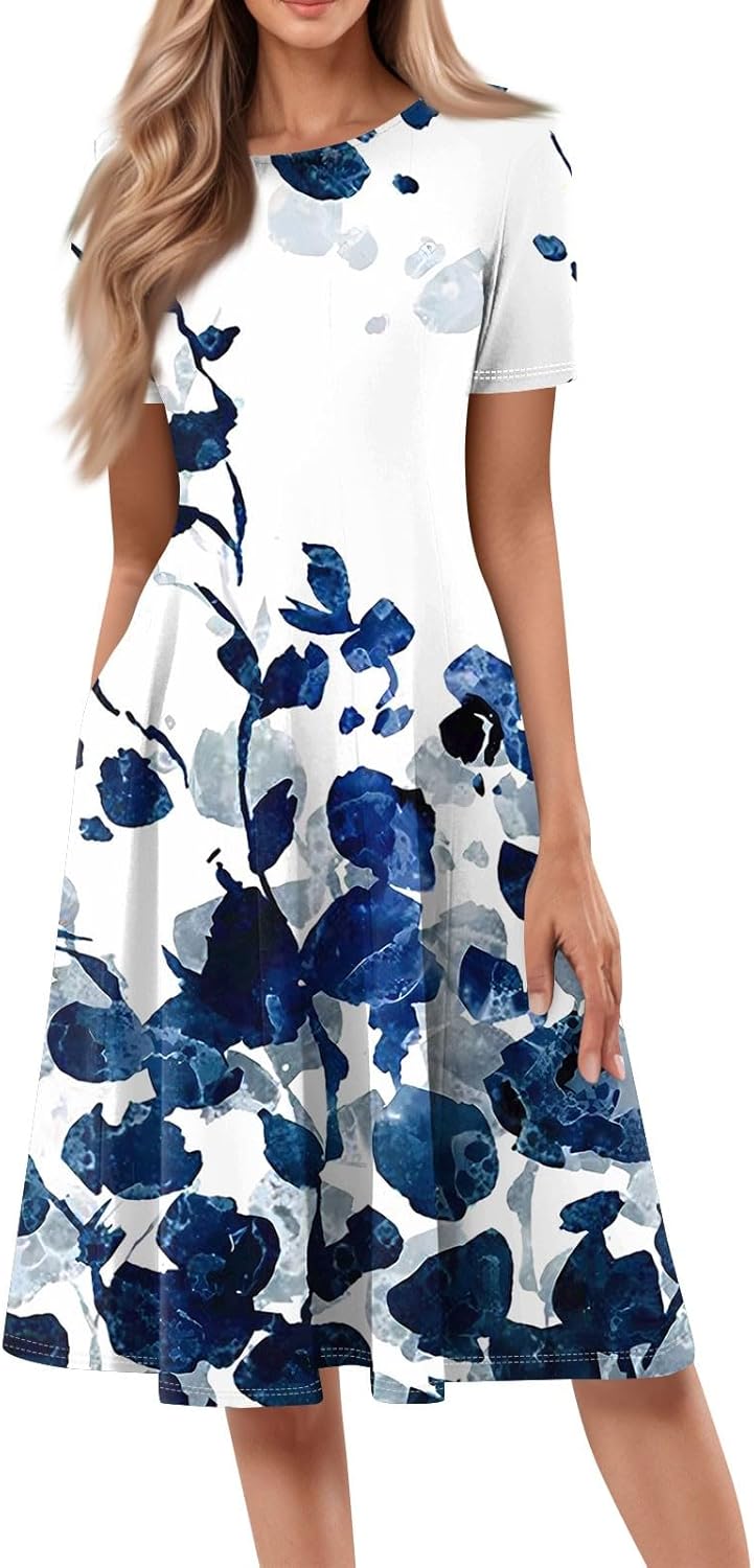 Summer Dresses for Women 2025 Crew Neck Short Sleeve Boho Beach Vacation Floral/Solid Midi Sundresses with Pockets