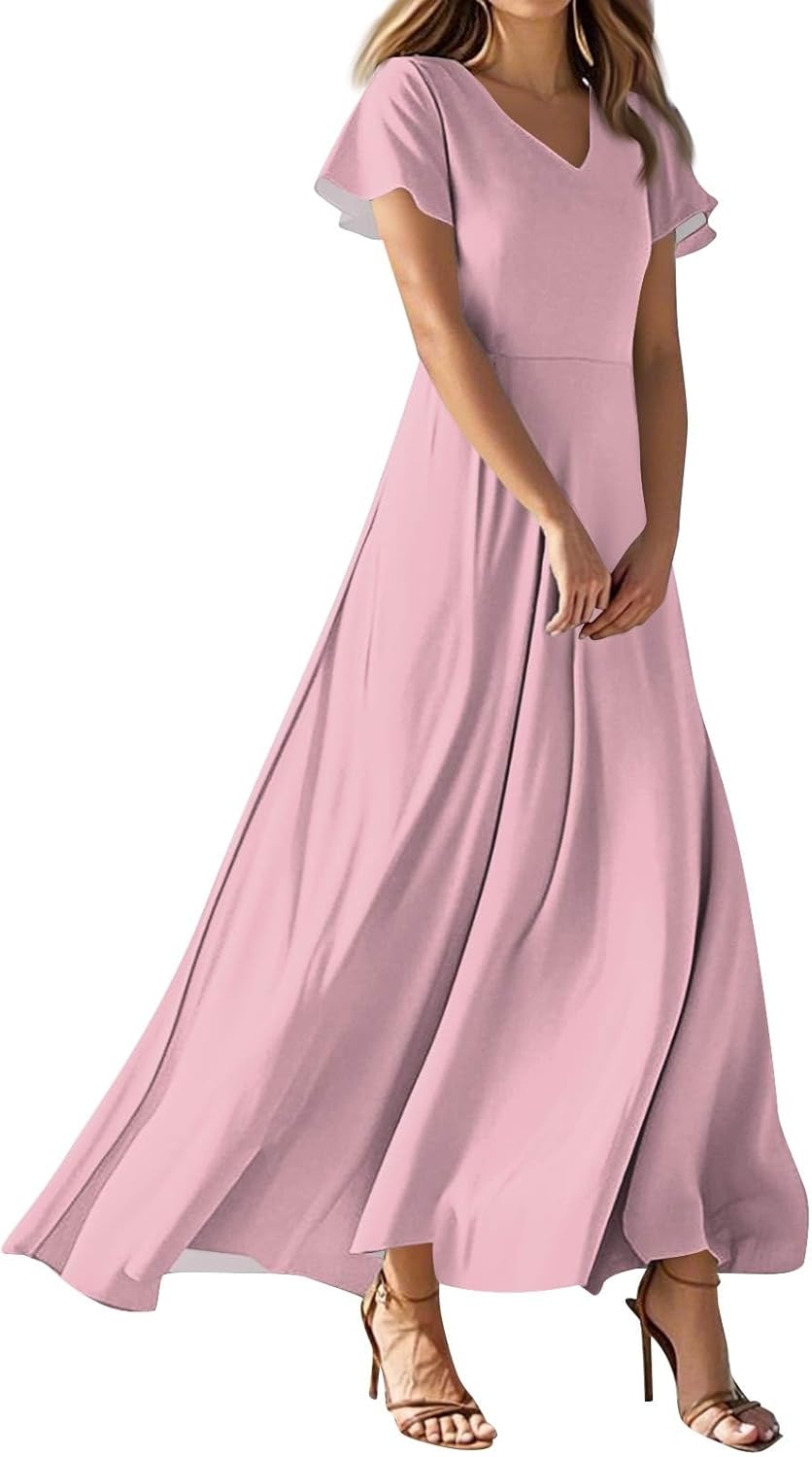 Womens Fashion V Neck Ruffle Short Sleeve Maxi Dress 2025 Summer Elegant Solid Color Flowy A Line Dresses