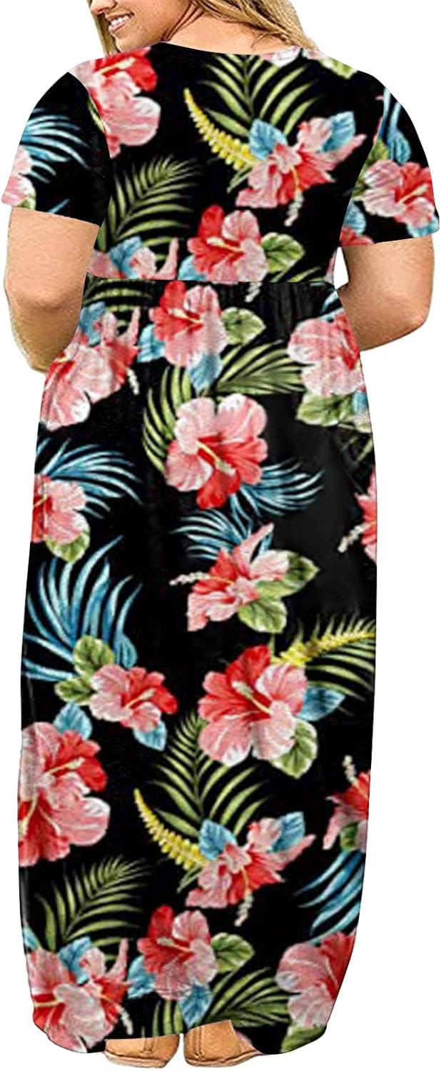 Kancystore Women's Short Sleeve Plus Size Maxi Dress with Pockets Loose Casual Summer Dresses