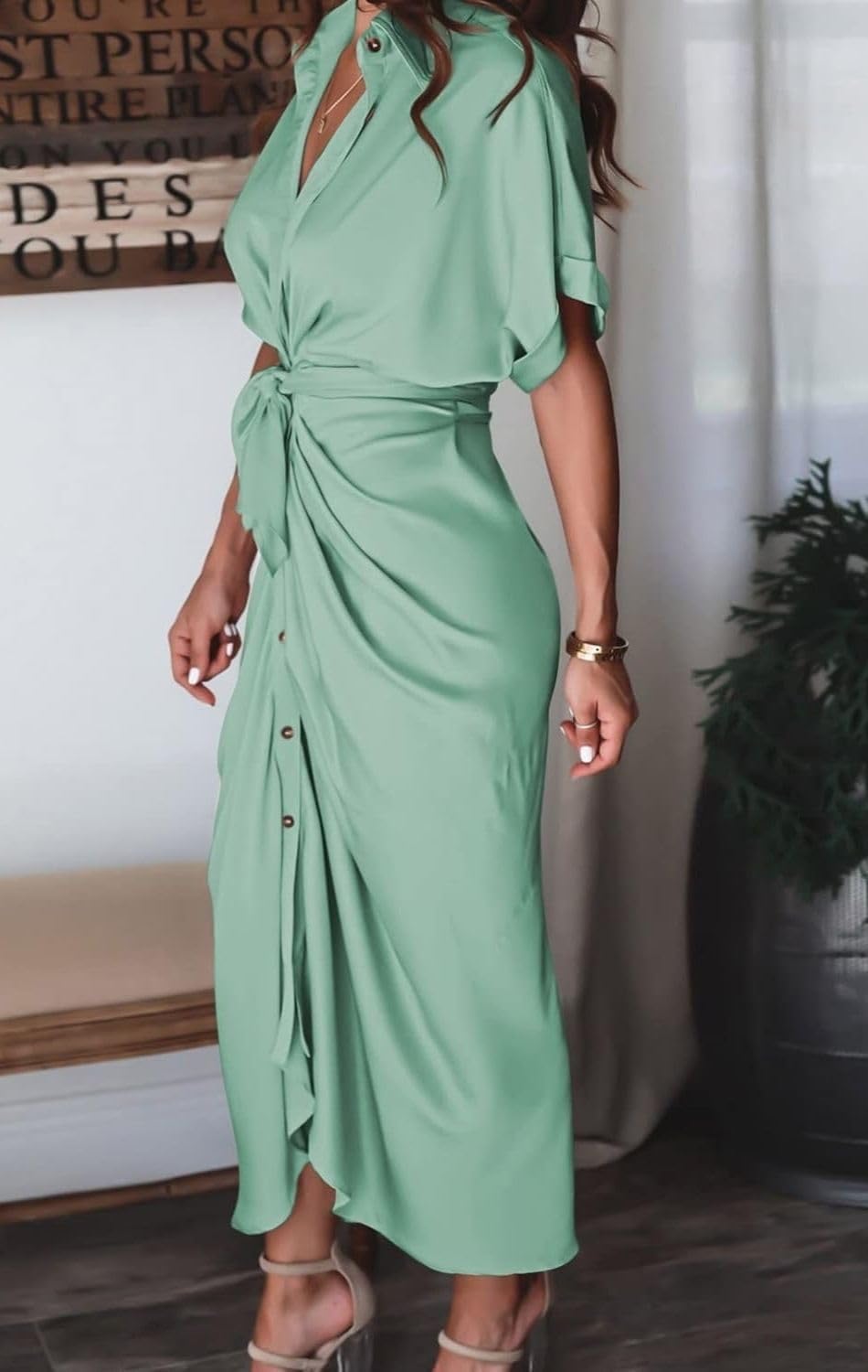 Women's Swing Classic Cute Maxi Ruched Breathable Shirt Dresses Bownot Slim Fitted Dress