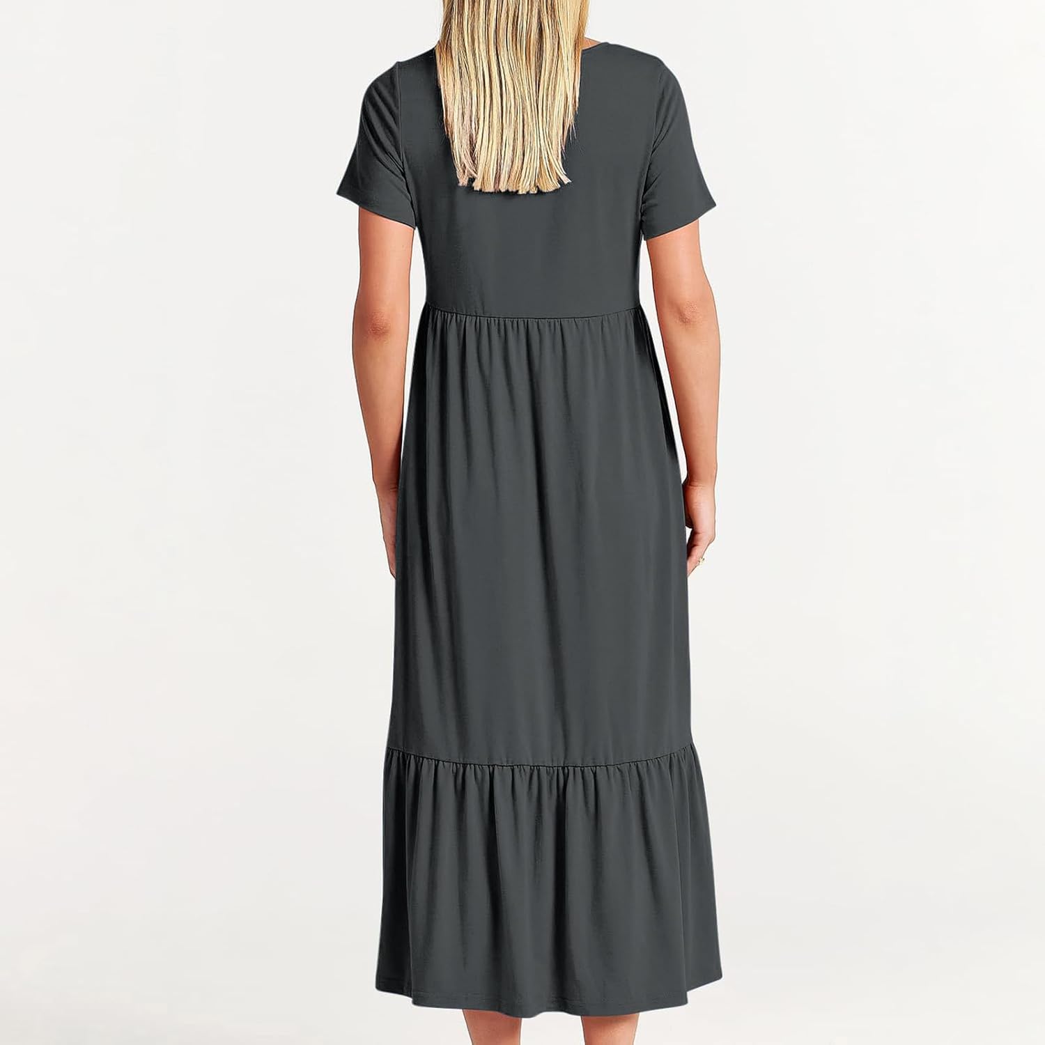 XUNRYAN Summer Dresses for Women 2024 Casual Calf Length Maxi Dress Pleated Flowy Tiered Swing Beach Sundress with Pockets