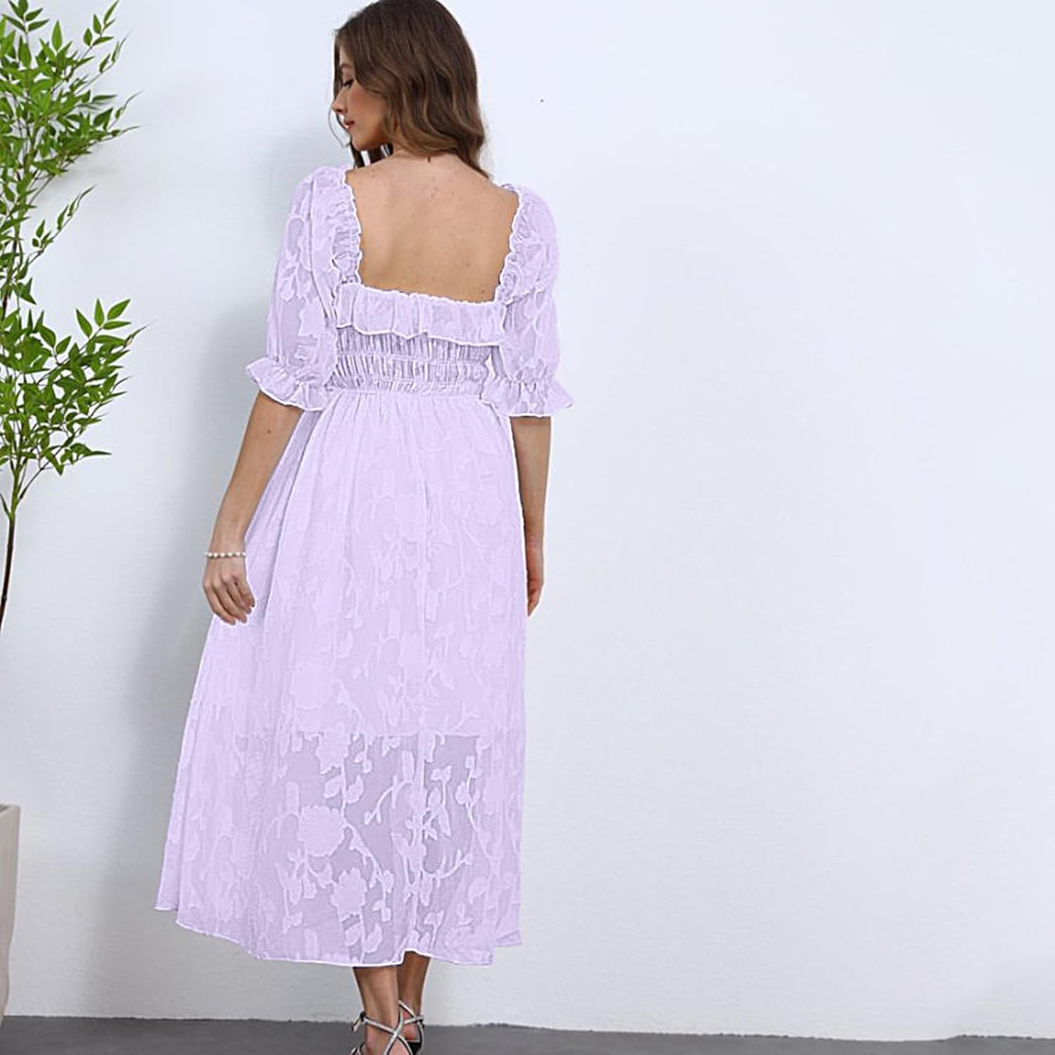Women Floral Easter Spring Summer Dress Square Neck Chiffon Boho 2025 Maxi Long Wedding Guest Bridal Shower Dresses