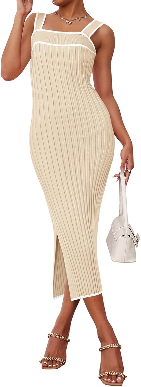 MEROKEETY Women's 2025 Summer Spring Bodycon Midi Dress Vacation Sleeveless Ribbed Knit Striped Party Sweater Dresses