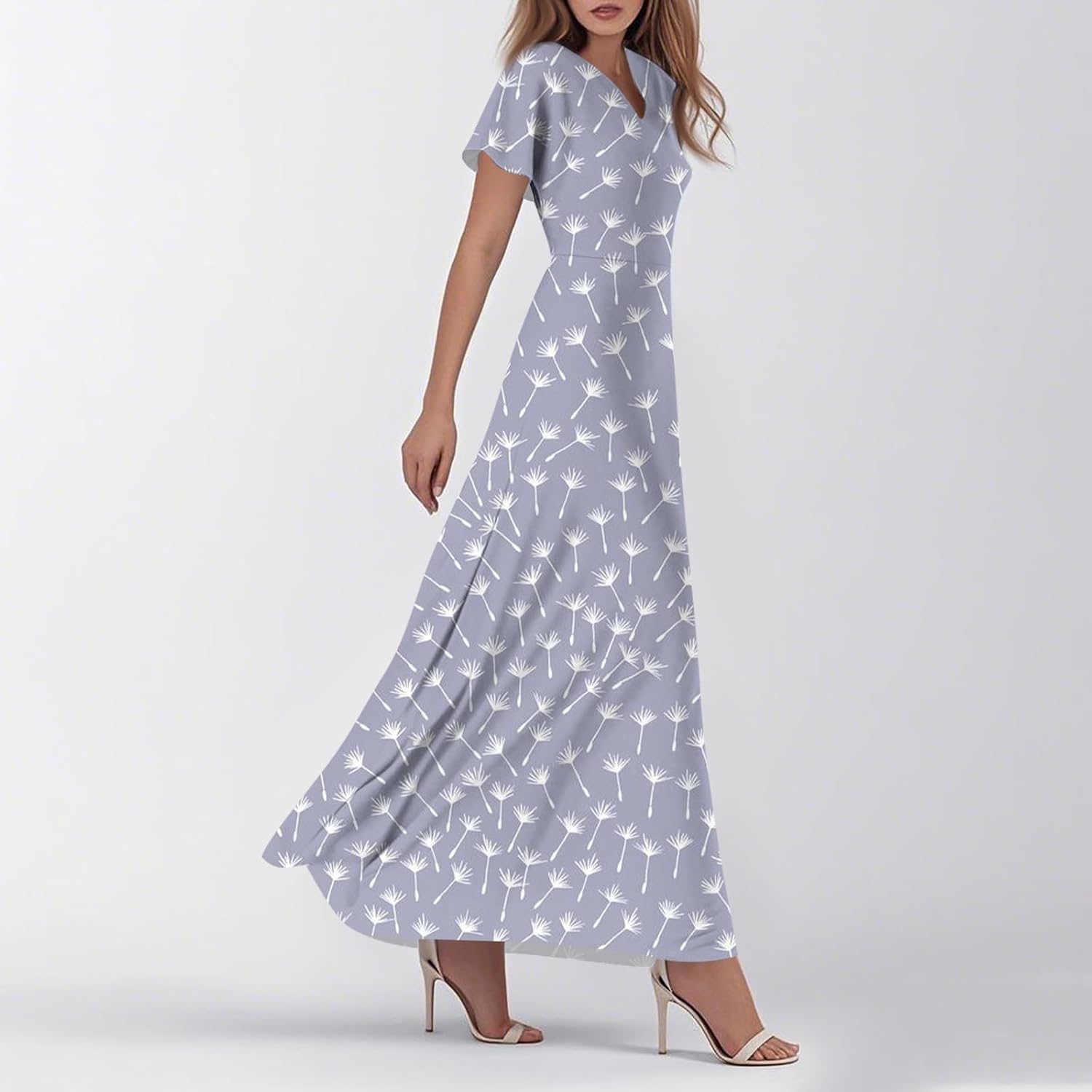 Womens Fashion V Neck Ruffle Short Sleeve Maxi Dress 2025 Summer Elegant Solid Color Flowy A Line Dresses