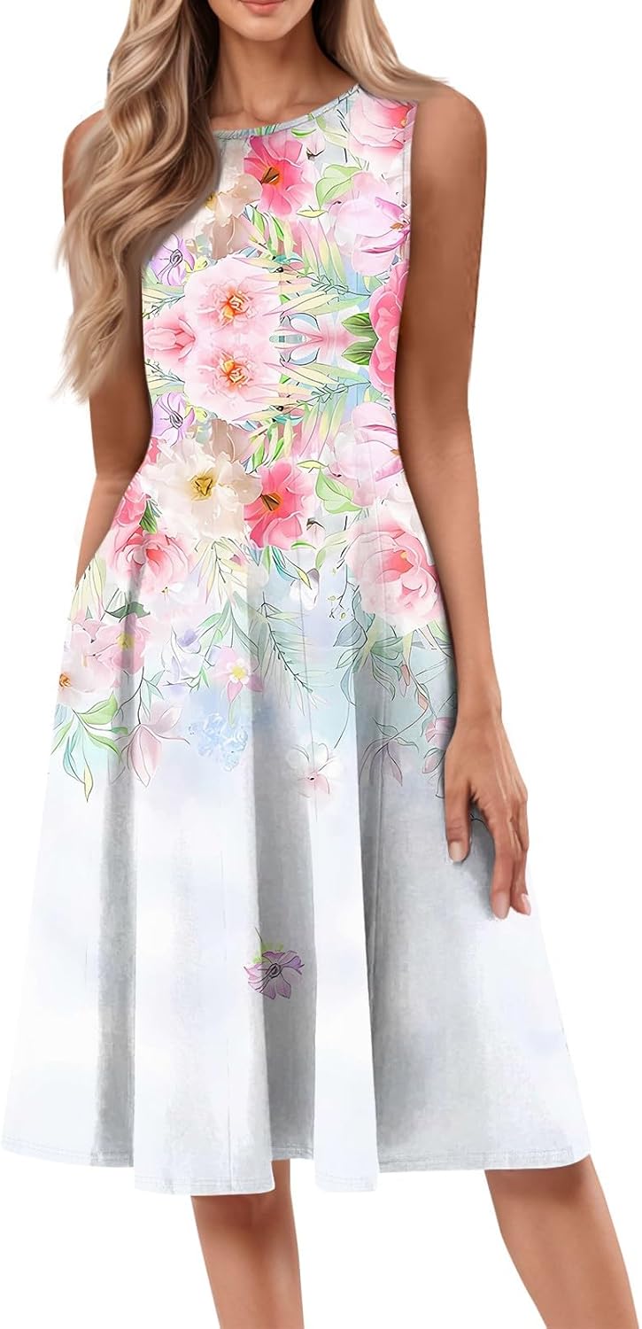 Womens Tank Sundress 2025 Casual Floral Print Tshirt Dress Swing Sleeveless Midi Dress Crewneck Pleated Summer Dresses