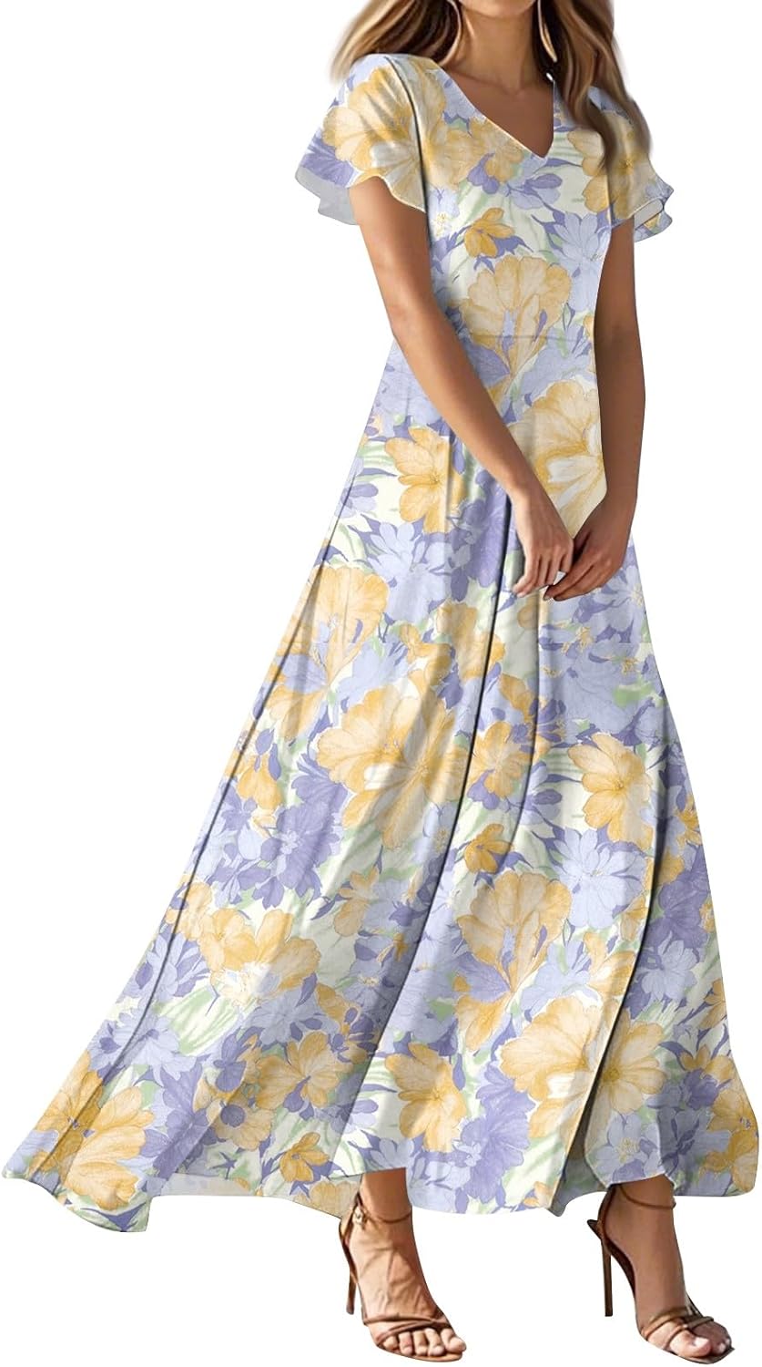 Womens Fashion V Neck Ruffle Short Sleeve Maxi Dress 2025 Summer Elegant Solid Color Flowy A Line Dresses