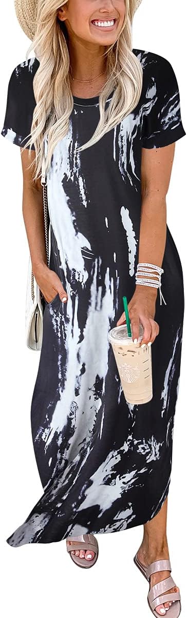 ANRABESS Women's Summer Casual Loose Short Sleeve Long T Shirt Dress Split Maxi Beach Sundress Travel Vacation Outfits