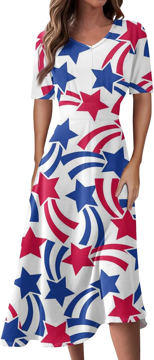 Women's Patriotic Star Print Midi Short Sleeve V-Neck Casual A-Line Dress for Summer Parties & Events