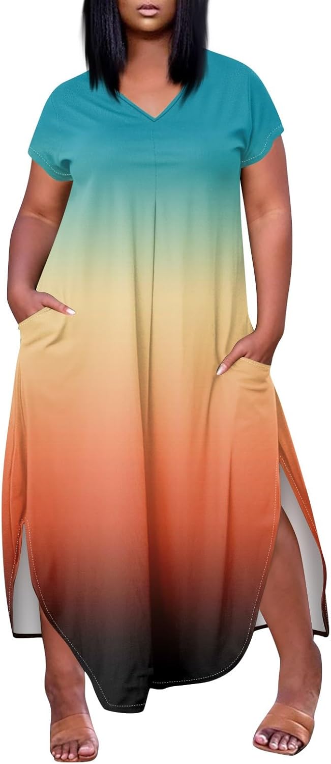 Maxi Dresses for Women 2025 Plus Size Tie Dye V Neck Dress Short Sleeve Side Split Beach Summer Sundress with Pocket