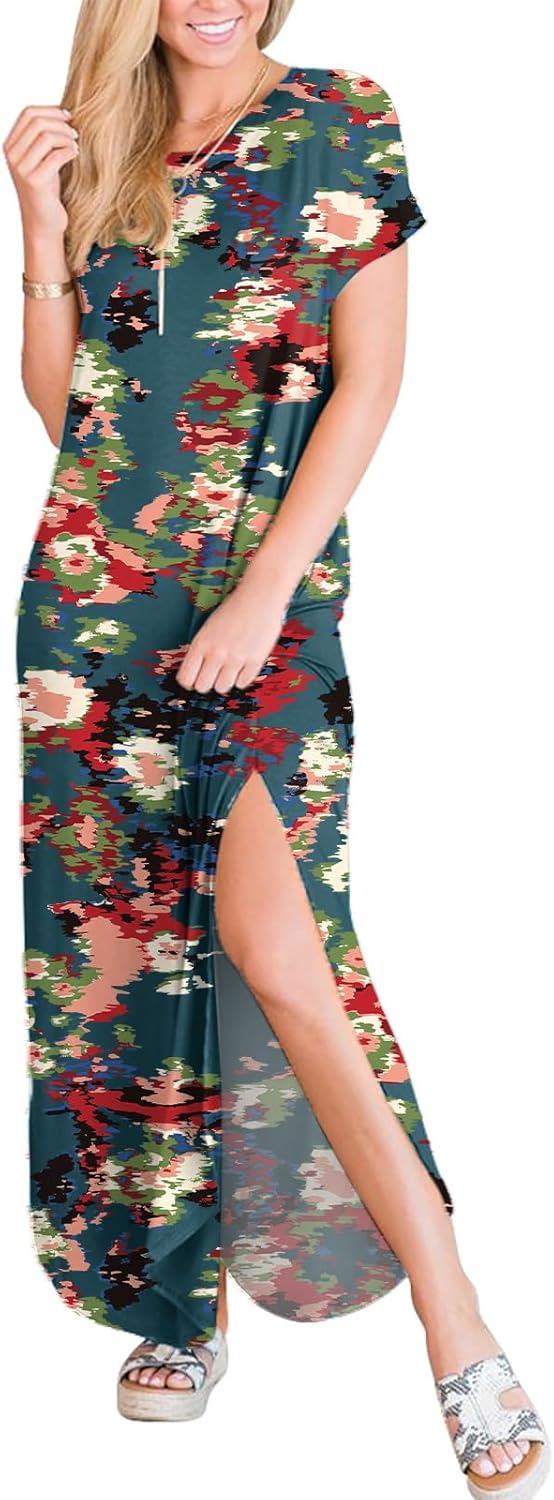 ANRABESS Women's Summer Casual Loose Short Sleeve Long T Shirt Dress Split Maxi Beach Sundress Travel Vacation Outfits
