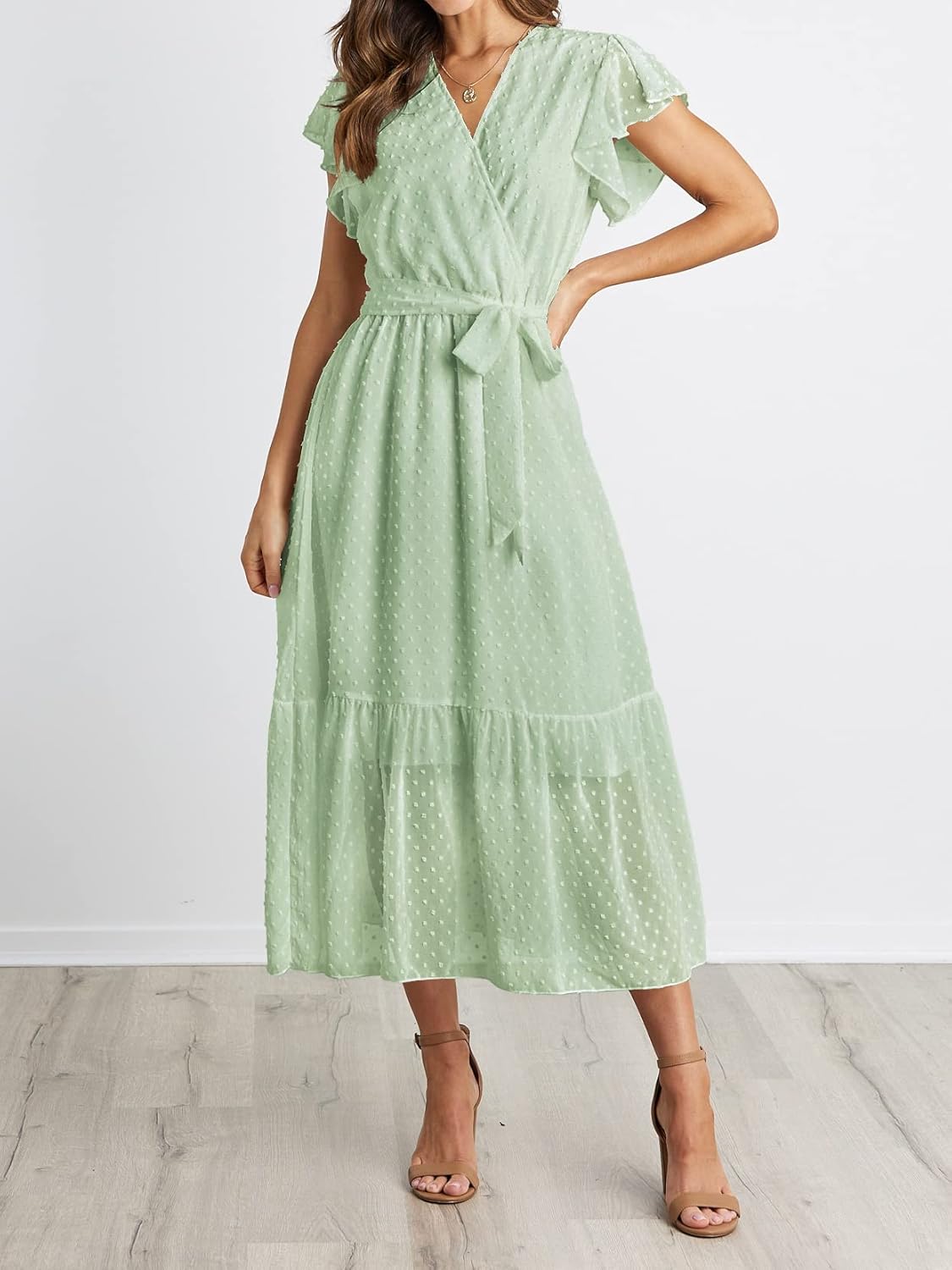 BTFBM Women Summer Bohemian Floral Casual Wrap V Neck Ruffle Cap Sleeveless Belt A-Line Pleated Hem Midi Sun Dress White