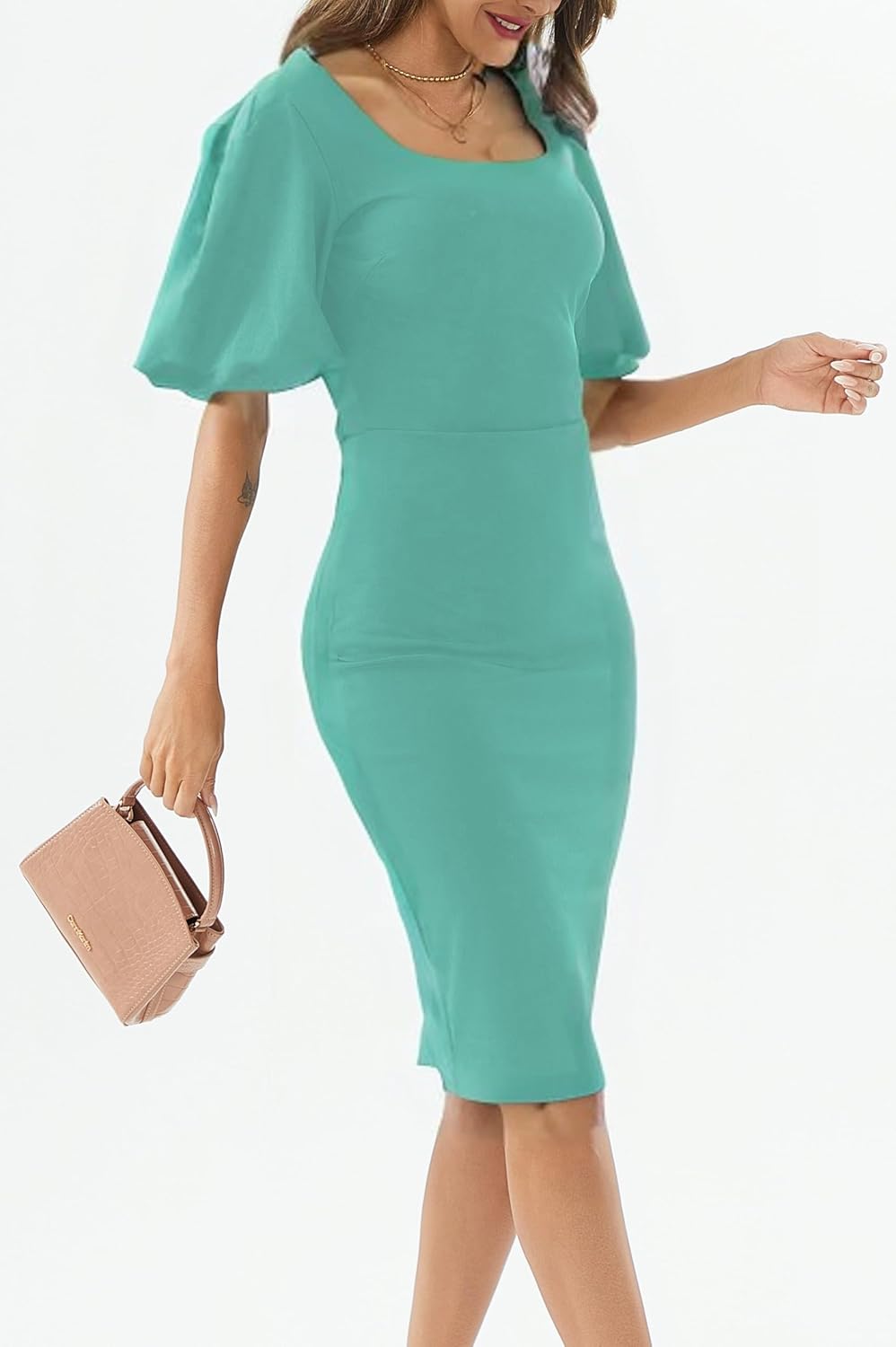 Womens Summer Dresses Square Neck Lantern Sleeve Bodycon Pencil Midi Dress