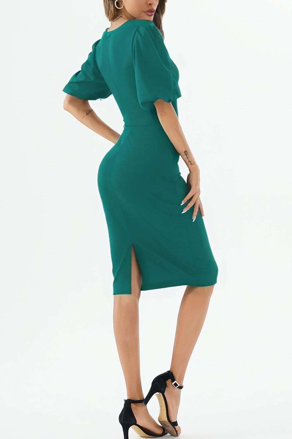 Womens Summer Dresses Square Neck Lantern Sleeve Bodycon Pencil Midi Dress