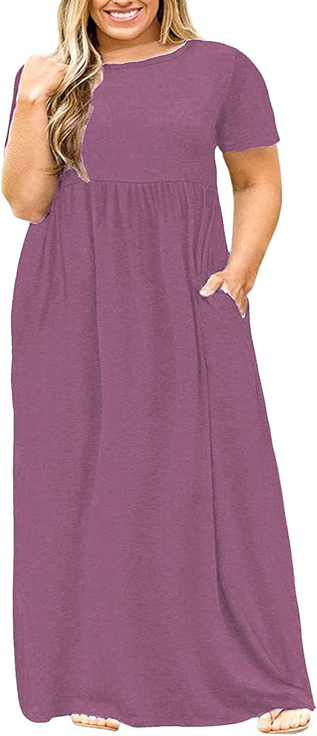 Kancystore Women's Short Sleeve Plus Size Maxi Dress with Pockets Loose Casual Summer Dresses