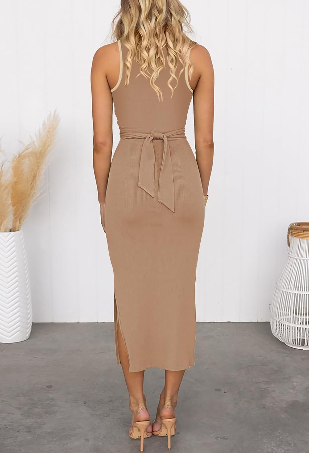 HUUSA Women's Sexy Sleeveless Cut Out Slim Bodycon Dress Crewneck Crisscross Twist Ruched Slit Ribbed Knit Tank Midi Dress