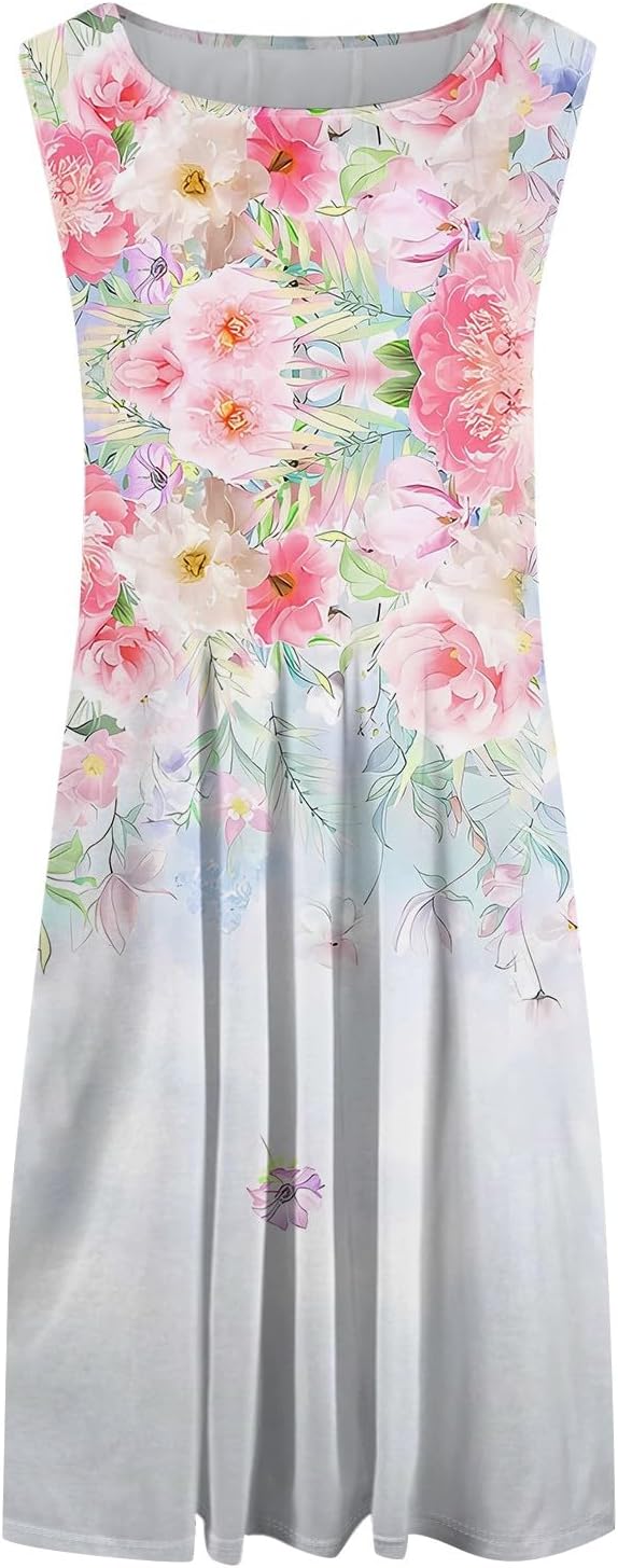 Womens Tank Sundress 2025 Casual Floral Print Tshirt Dress Swing Sleeveless Midi Dress Crewneck Pleated Summer Dresses
