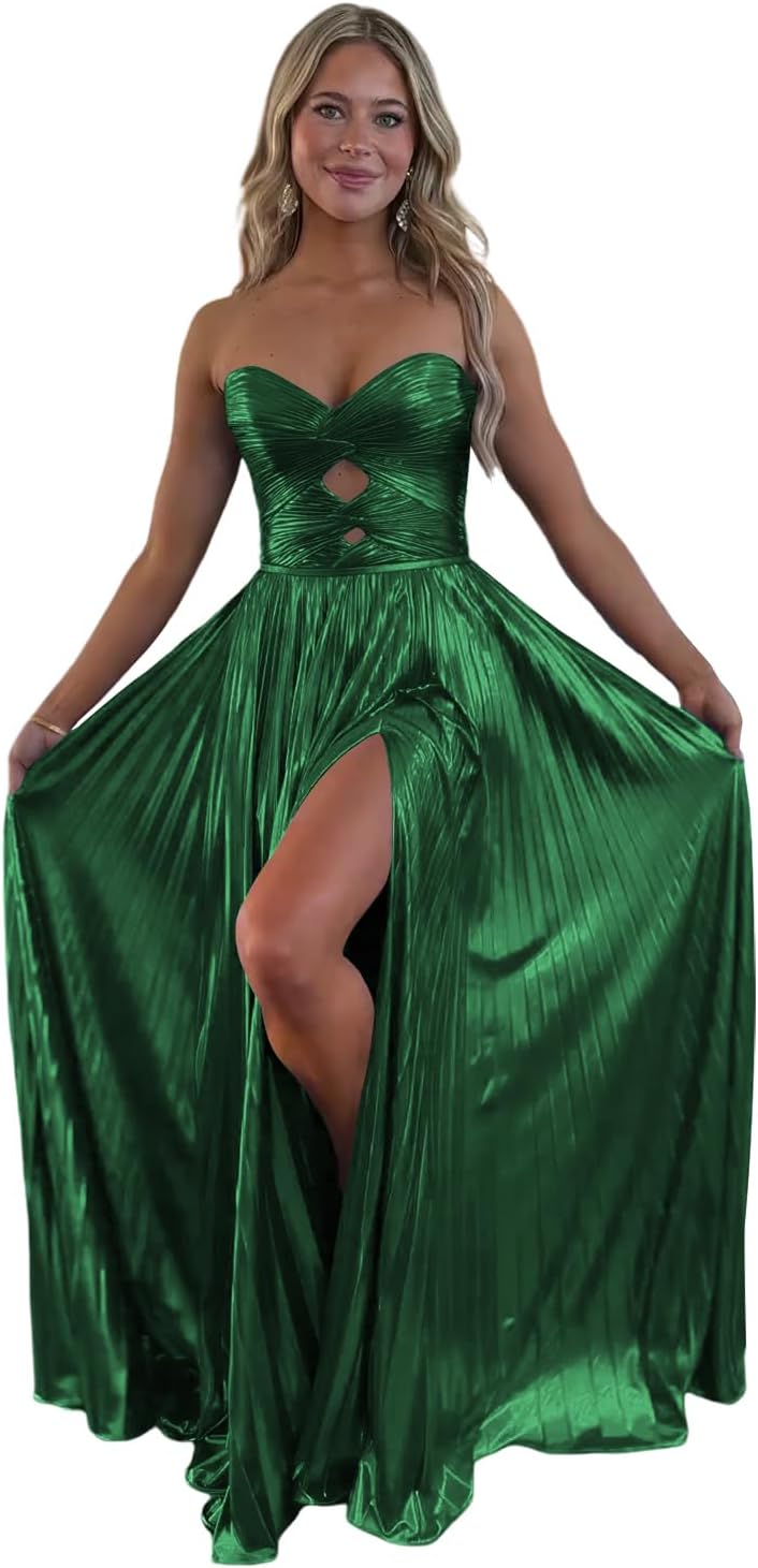 Loyeloy Sparkly Metallic Prom Dresses with Slit A Line Keyhole Satin Long Prom Ball Gowns for Women