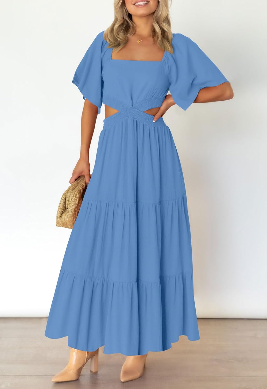 LEANI Women's 2025 Summer Cutout Maxi Dress Square Neck Short Sleeve Crossover Waist Casual Party Dresses