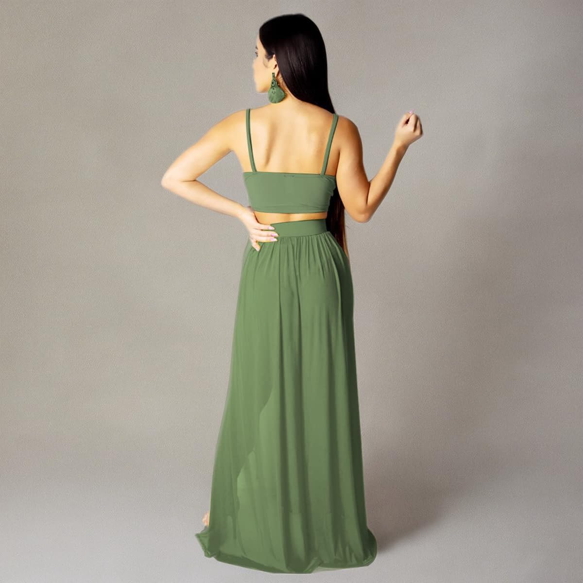 Women Sexy 2 Piece Outfits Dress Chiffon Strap Deep V Neck Bra Crop Top High Split Maxi Dresses Skirt Set