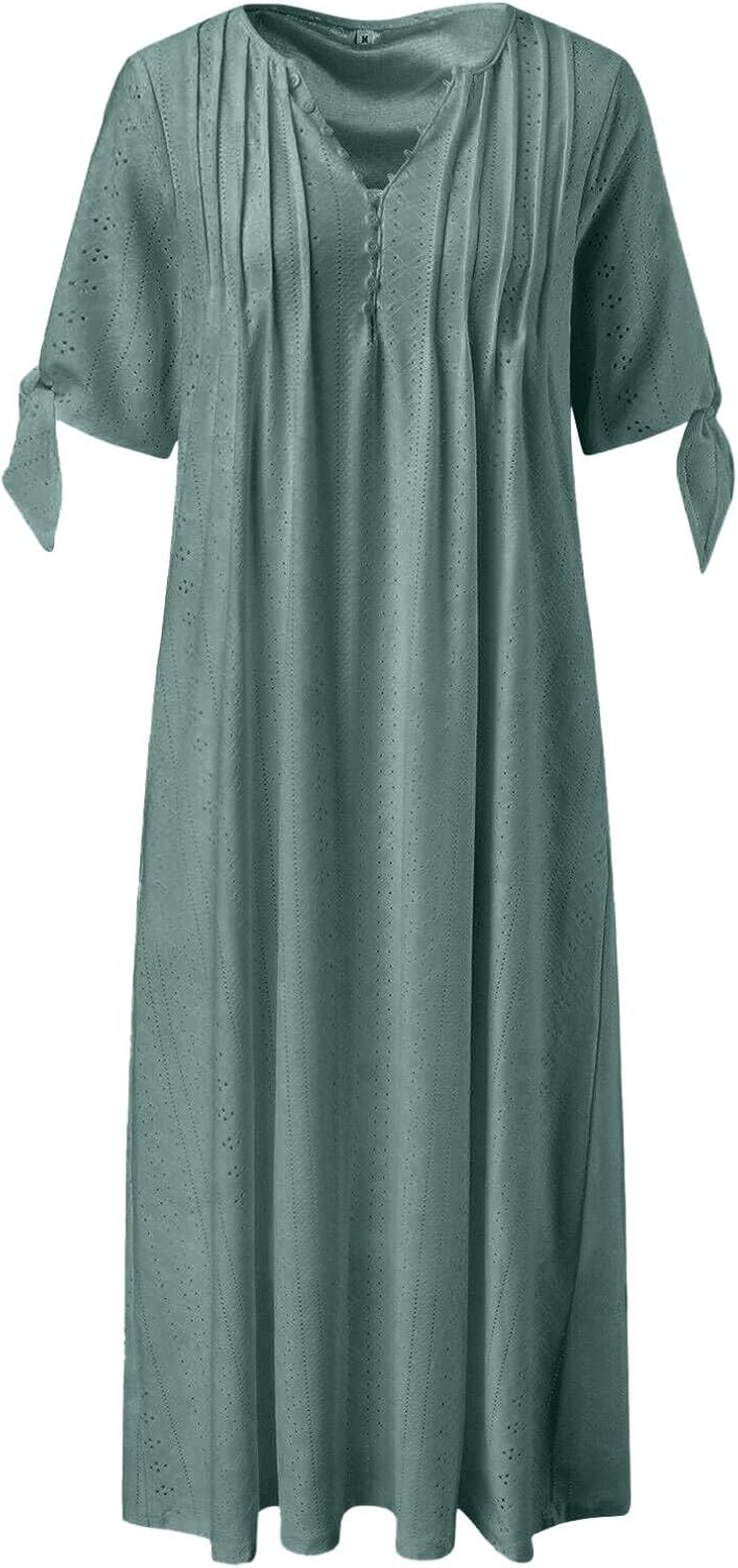 ZYXTIM Womens Eyelet Dress V Neck Short Sleeve Hollow Out Summer Beach Vacation Dresses Swing A Line Vintage Long Dresses