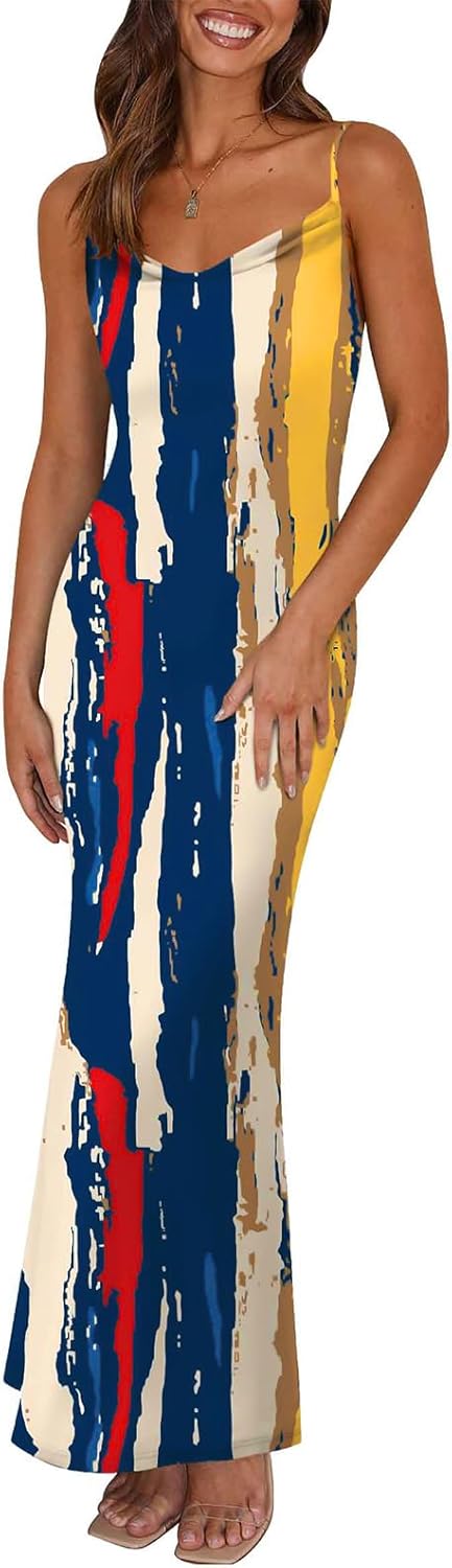 PRETTYGARDEN Women's 2025 Summer Floral Spaghetti Strap Maxi Dress Stretch Sexy Bodycon Dress Backless Slip Long Dresses