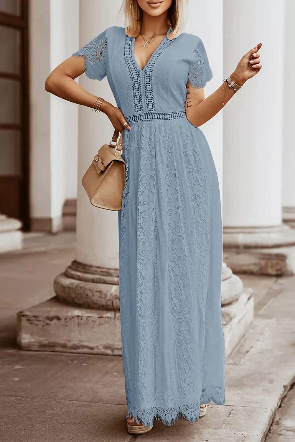MEROKEETY Women's V Neck Short Sleeve Floral Lace Wedding Dress Bridesmaid Cocktail Party Maxi Dress