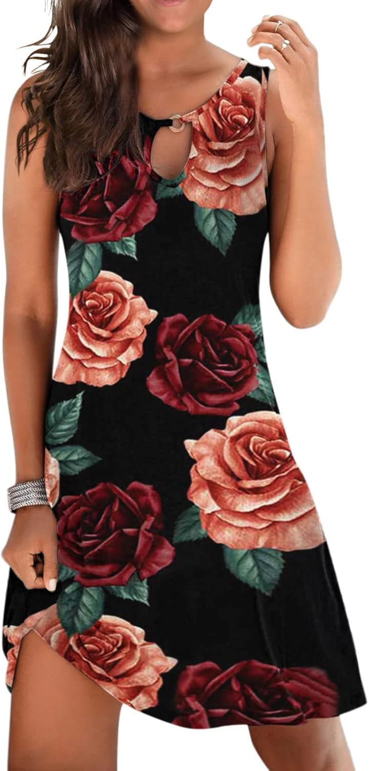 Summer Dresses for Women 2024 Casual Sleeveless Tank Dress Vintage Floral Print a-Line Beach Sundresses