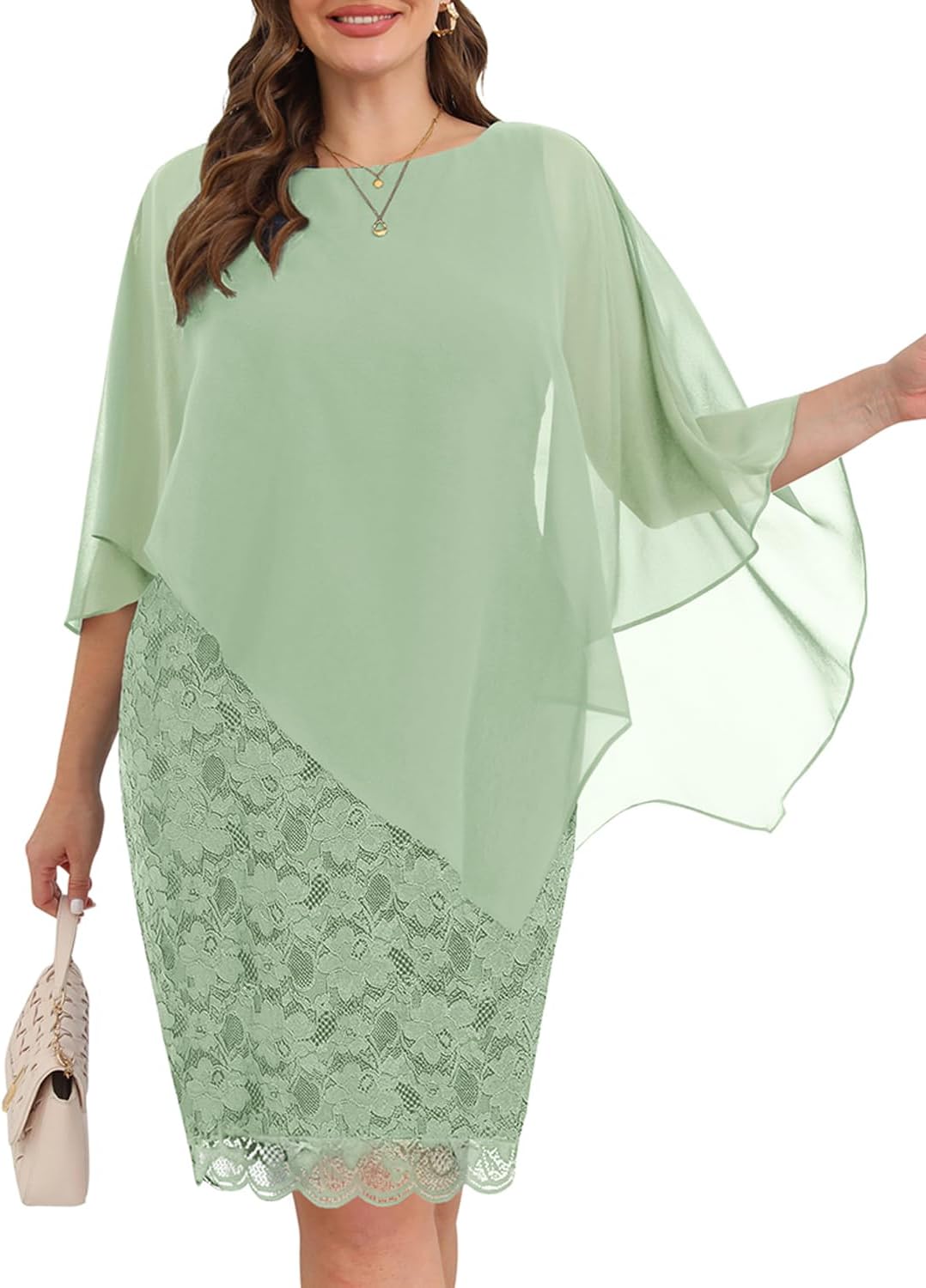 Plus Size Dresses Wedding Guest - Mother Bride Semi Formal Lace Cape with Chiffon Overlay Dresses