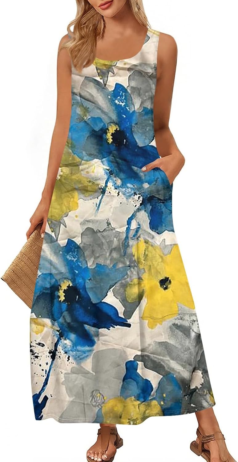 Womens Summer Tank Dress Vacation Boho Floral Long Dresses with Pockets Resort Wear Swing Beach Sleeveless Sundress