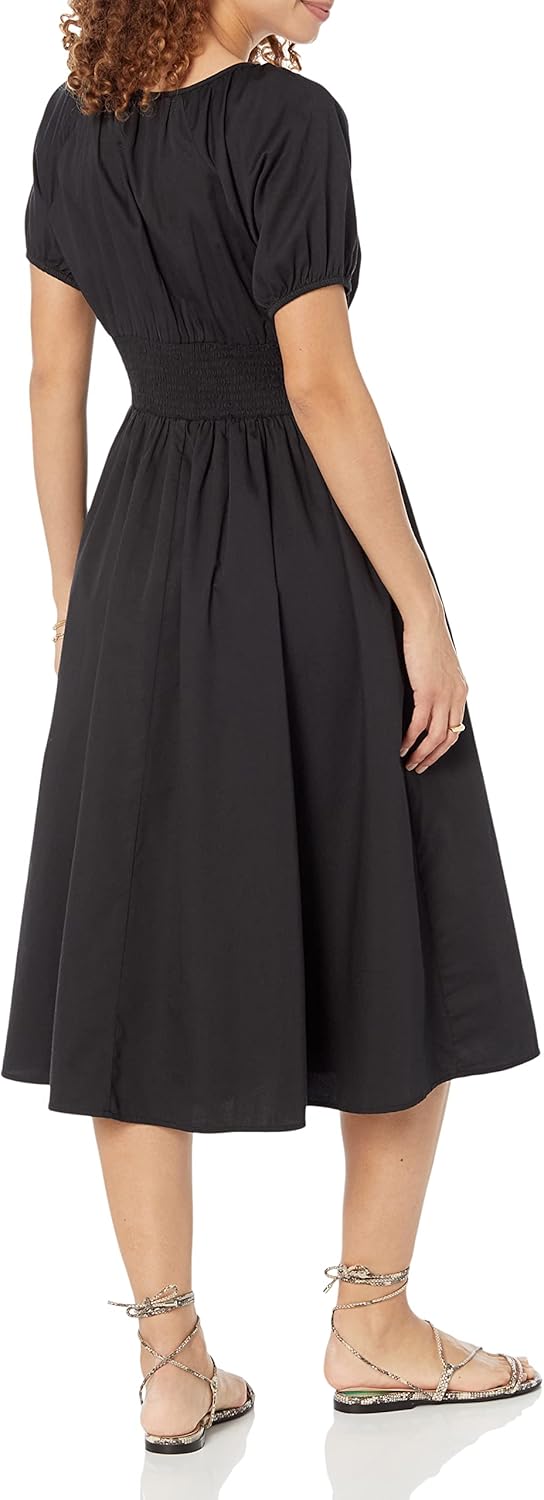 The Drop Women's Daksha Cotton Smocked Zipper Detail Dress, Black, XS