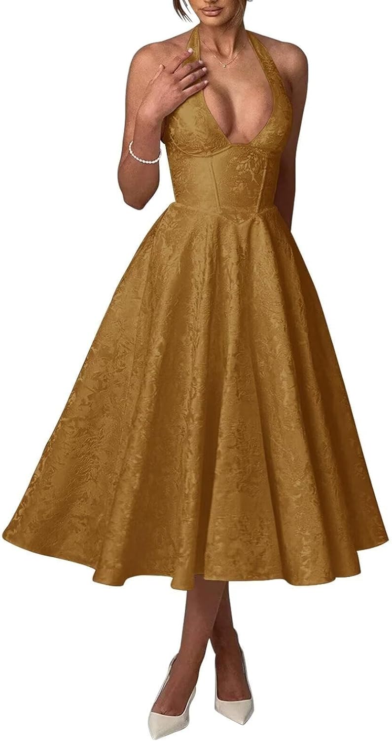 Bow Tea Length Prom Dress for Women Embroidery Satin Evening Party Gown A Line Corset Cocktail Dress