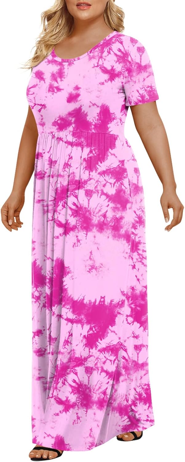 LONGYUAN Women's Plus Size Maxi Dresses for Curvy Women Summer Short Sleeve Casual 2025 Long Dress XL-6XL