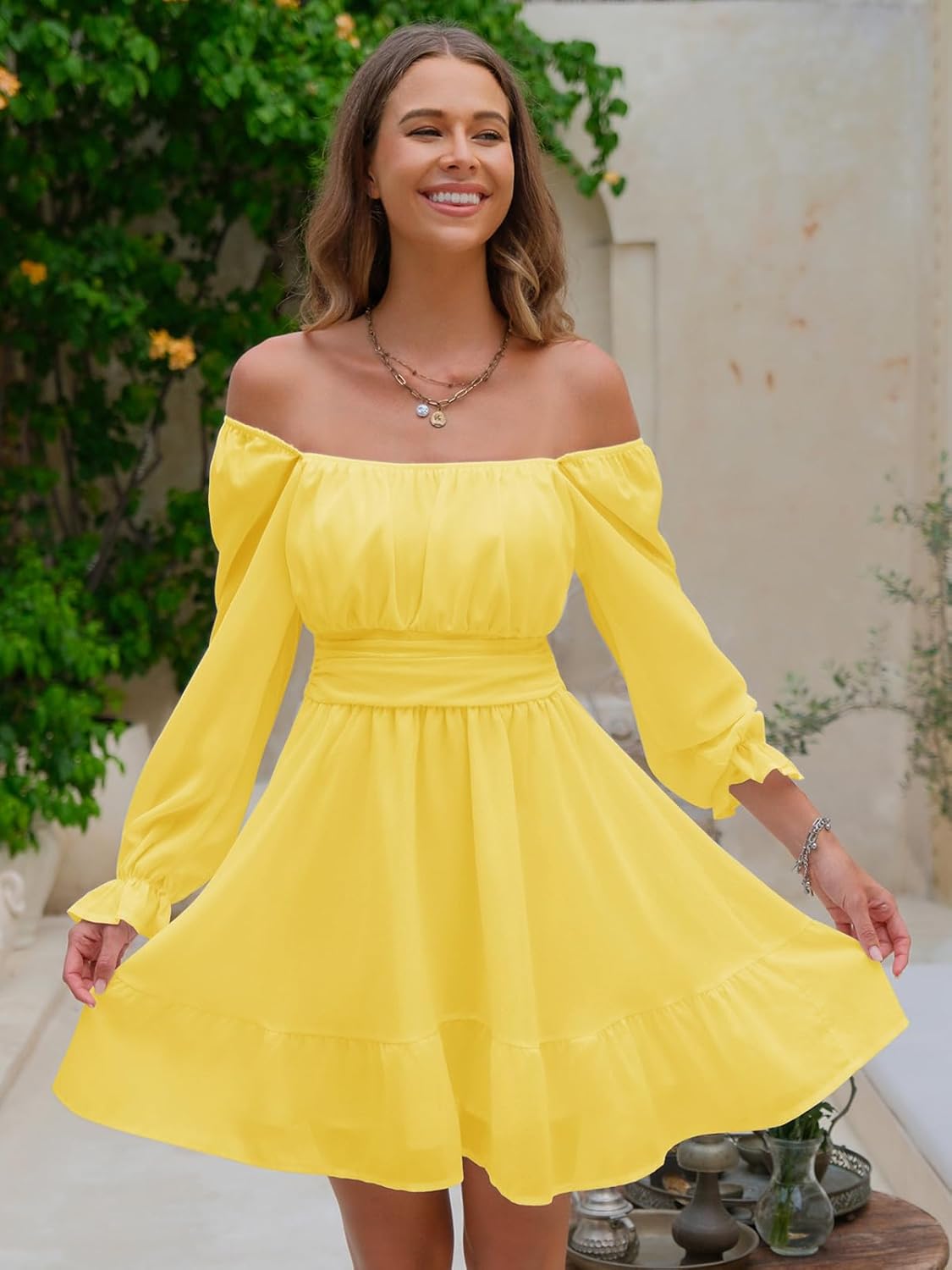 EXLURA Women's 2025 Casual Long Lantern Sleeve Dresses Square Neck Ruffle Tie Back Elastic Waist Aline Short Mini Dress