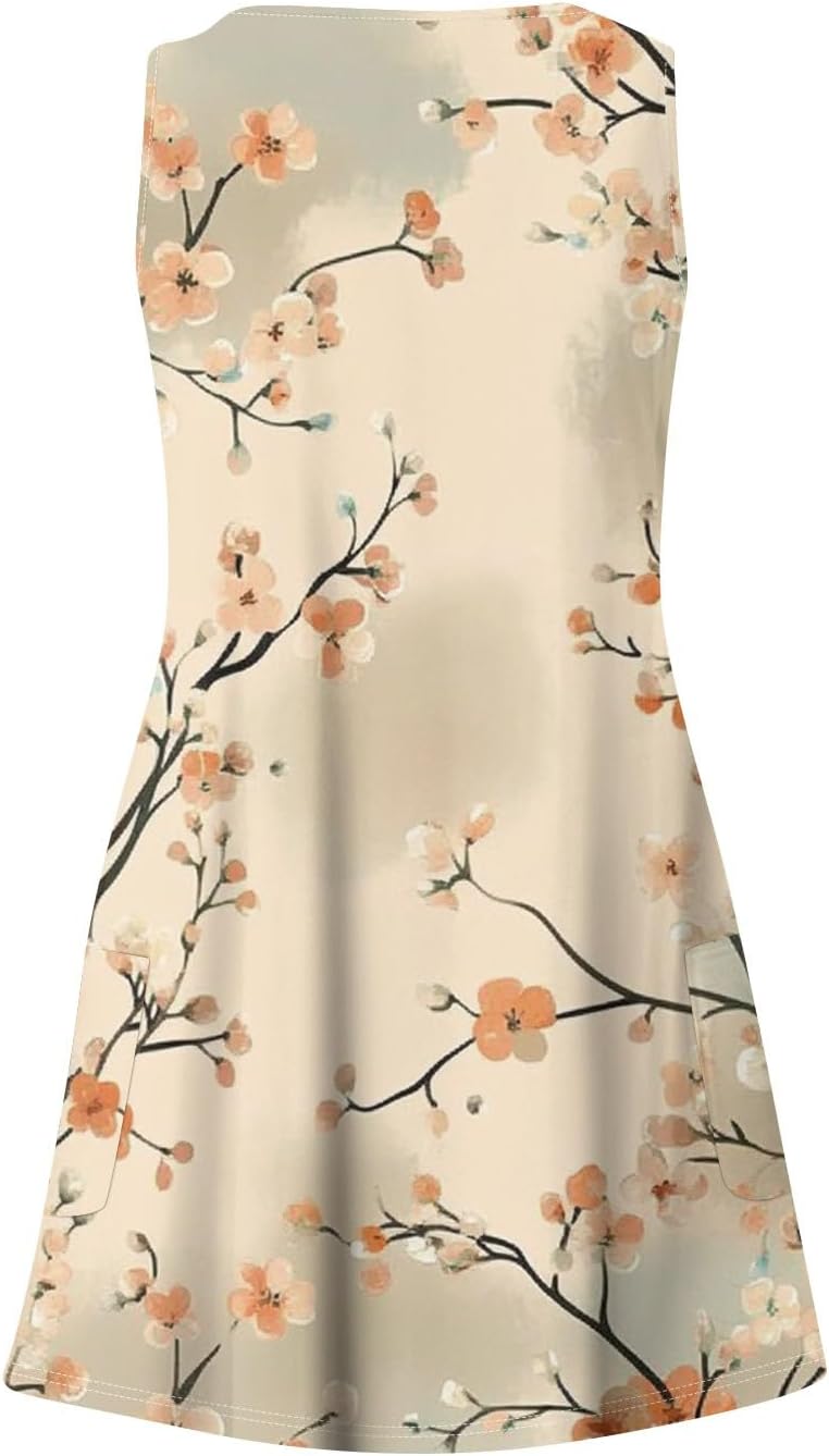 Women's Sleeveless Floral Print Summer Dress Casual V-Neck A-Line Mini Dress for Beach Party and Daily Wear
