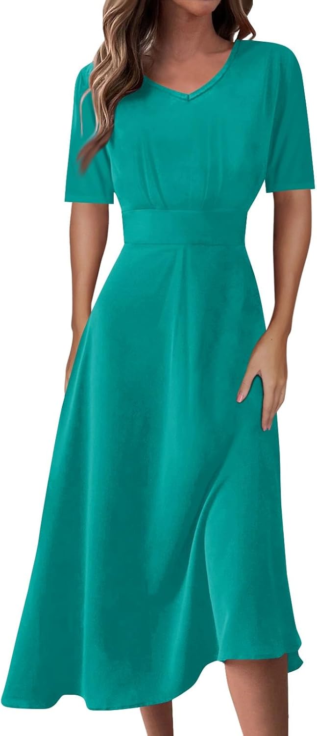 Women's Summer Elegant Cocktail Dress Solid Color Swing V-Neck Party Gown Dresses, S-2XL