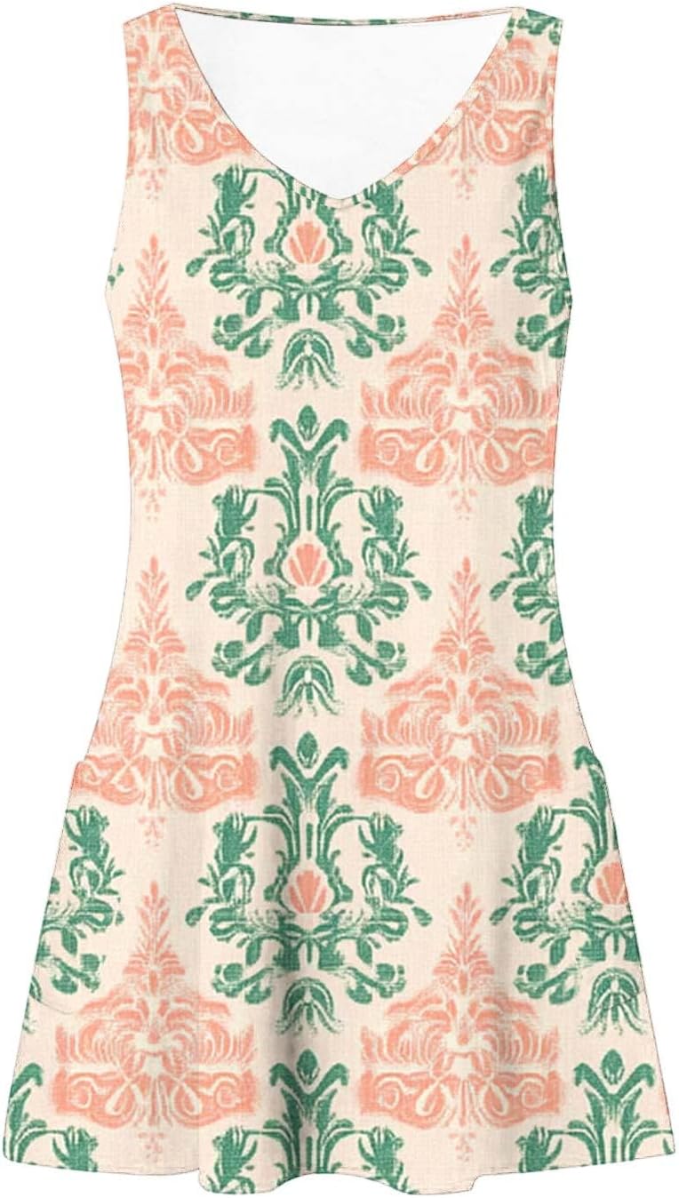Womens 2025 Spring Summer Dresses Casual Floral Print V-Neck Tank Dress Curve Hem Pleated A-Line Sundresses