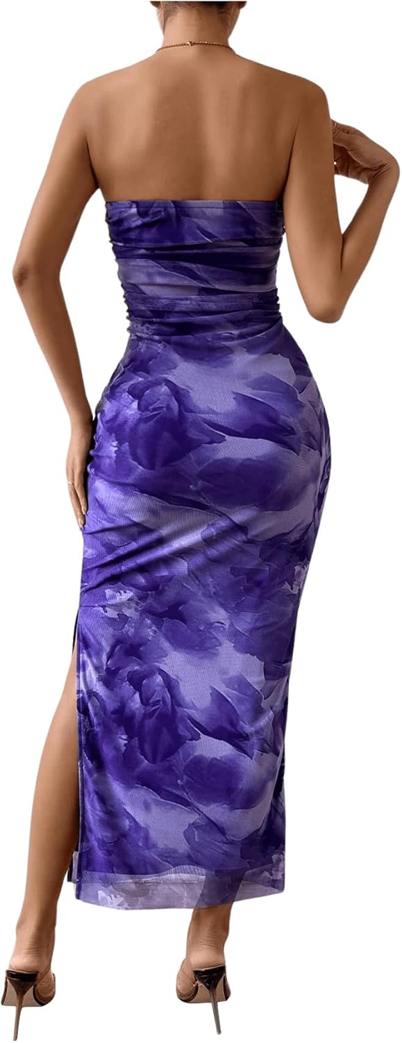 Milumia Women's Printed Strapless Tube Top Long Dress Slit Hem Sleeveless Bodycon Maxi Dresses