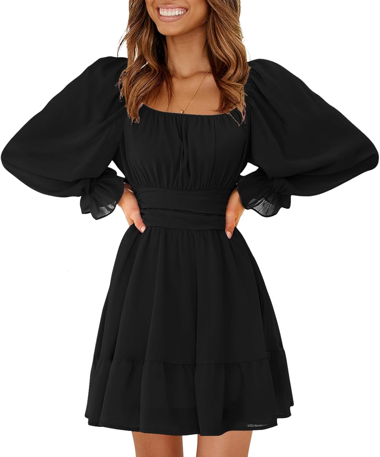 EXLURA Women's 2025 Casual Long Lantern Sleeve Dresses Square Neck Ruffle Tie Back Elastic Waist Aline Short Mini Dress