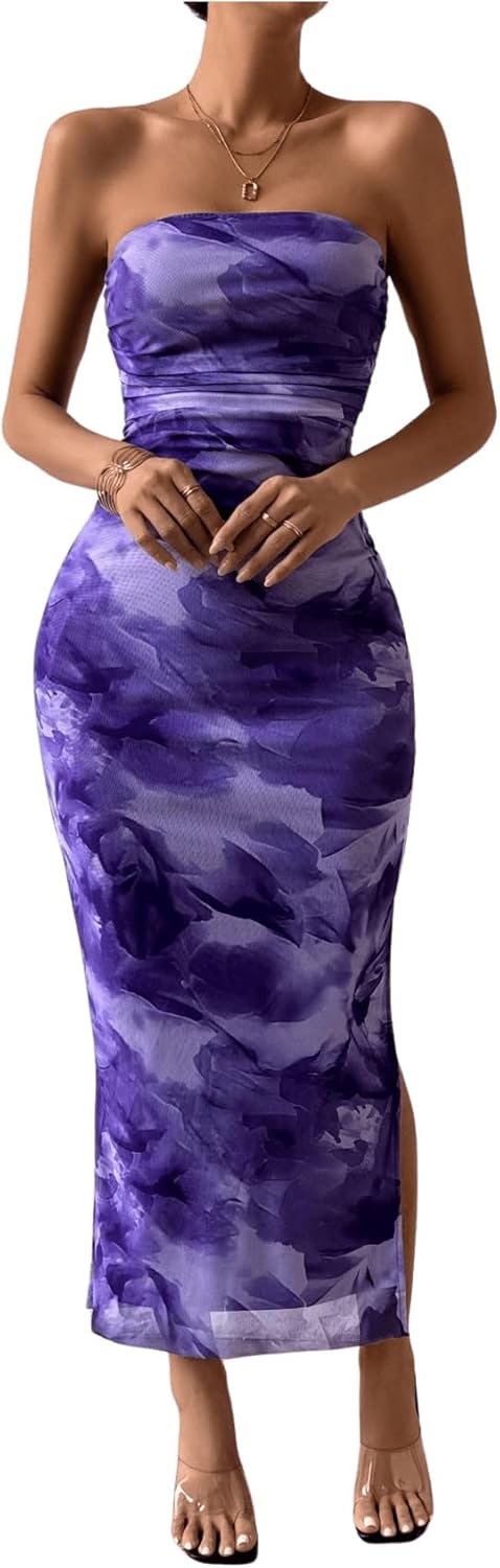 Milumia Women's Printed Strapless Tube Top Long Dress Slit Hem Sleeveless Bodycon Maxi Dresses