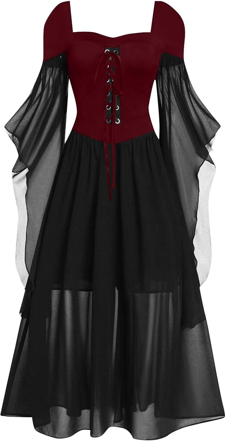 Women Casual Cold Shoulder Dress Solid Color Lace Butterfly Sleeve Halloween Retro Cocktail Party Gothic Prom Dress