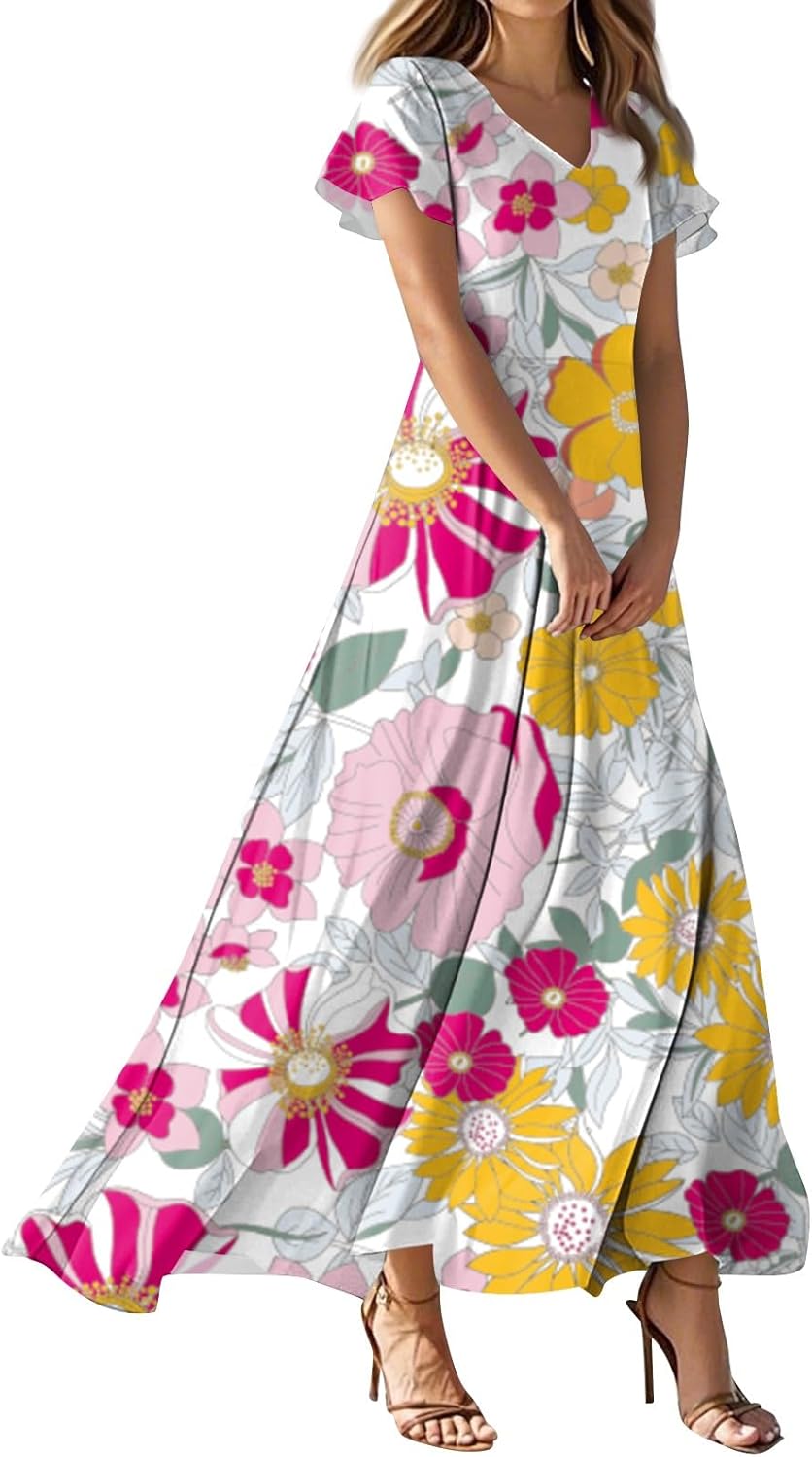 Womens Fashion V Neck Ruffle Short Sleeve Maxi Dress 2025 Summer Elegant Solid Color Flowy A Line Dresses