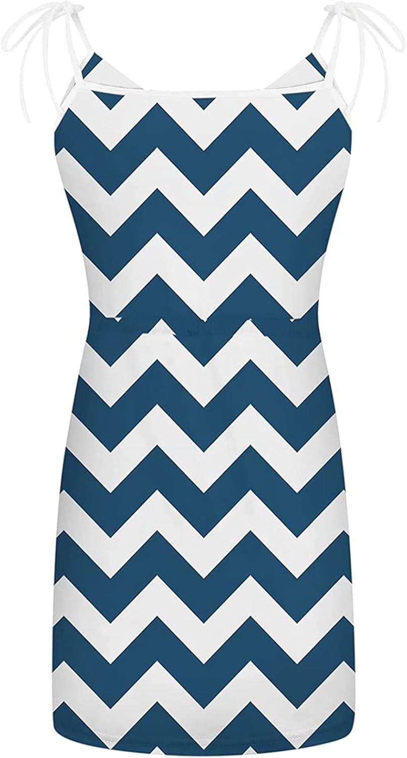 Women Summer Casual Striped Dress Drawstring Waist Tie Knot Mini Dresses Short Sleeve V Neck Tank Dress with Pocket
