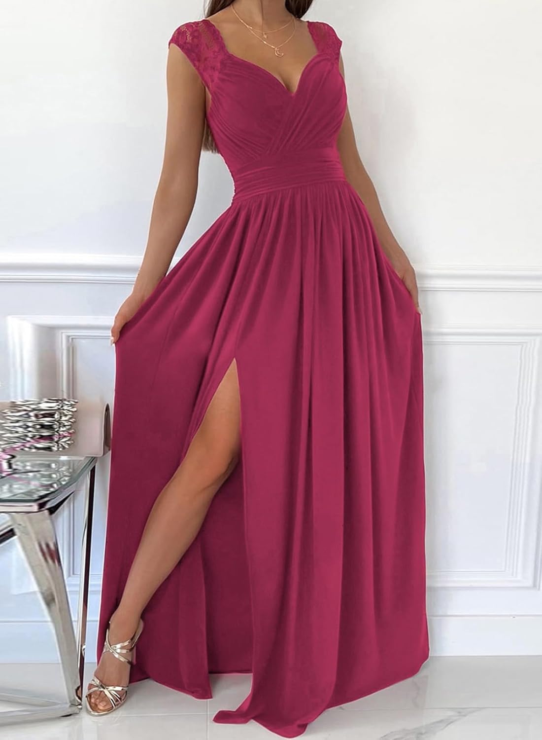 Dokotoo Womens 2025 Formal Dresses Wrap V-Neck Ruched Sexy Bridesmaid Wedding Guest Maxi Dresses