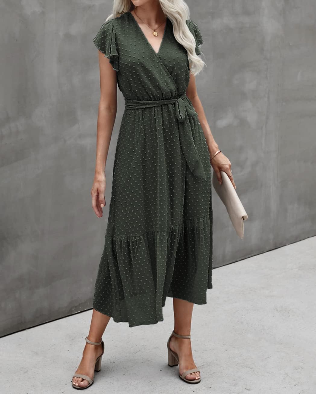 BTFBM Women Summer Bohemian Floral Casual Wrap V Neck Ruffle Cap Sleeveless Belt A-Line Pleated Hem Midi Sun Dress White