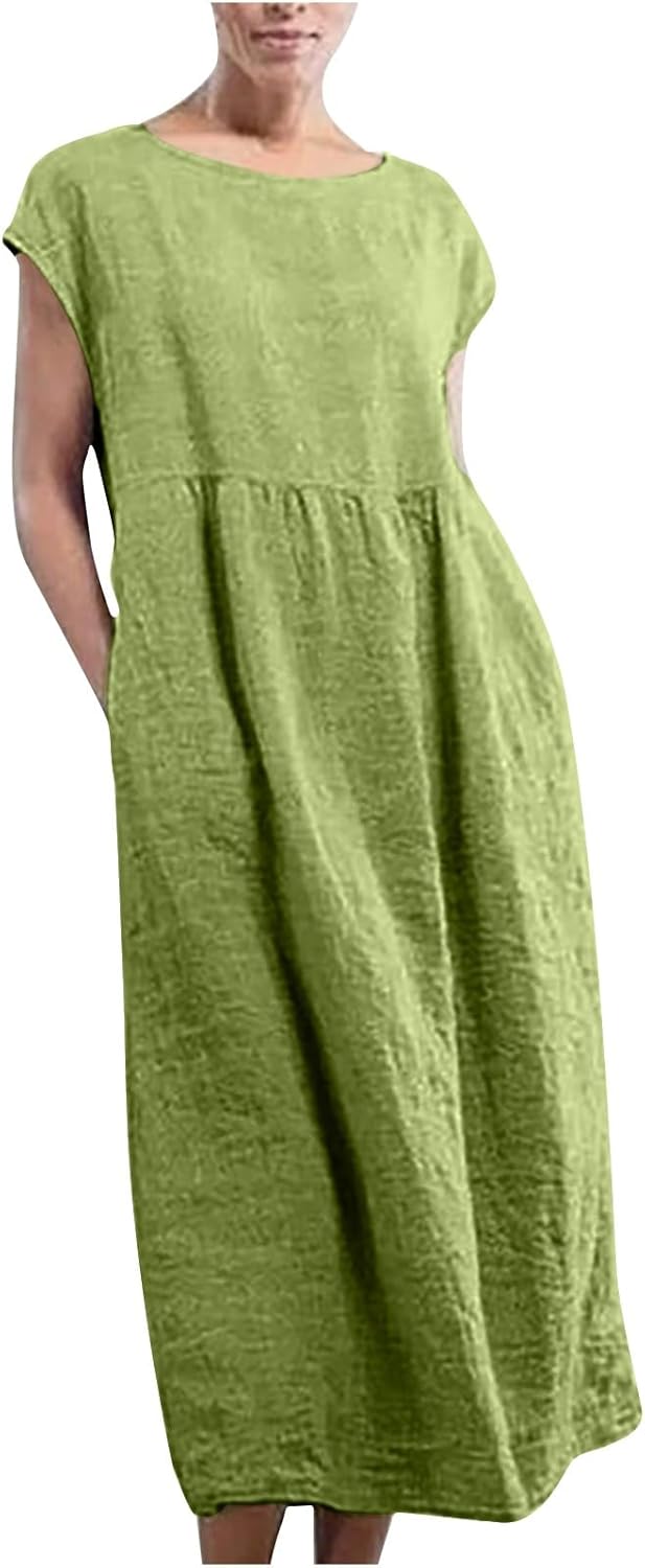 Linen Dresses for Women 2025 Summer Fashion Solid Color Sleeveless Dresses Beach Flowy Maxi Dresses Casual Sundress