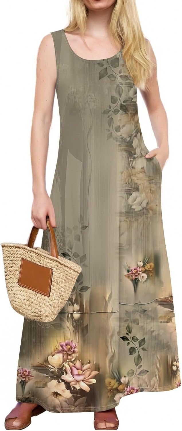 Womens Summer Tank Dress Vacation Boho Floral Long Dresses with Pockets Resort Wear Swing Beach Sleeveless Sundress